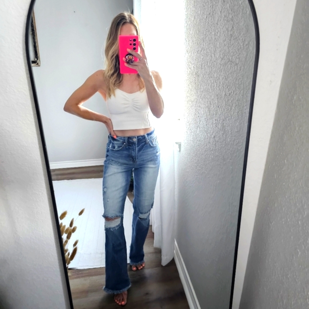 Risen High Rise Raw Hem Distressed Straight Leg Jeans Size 1/25